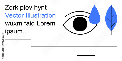 Graphic design, branding, visual communication, modern art, creativity, abstract imagery. Eye, teardrop blue leaf and text on white background. Graphic design and branding concept