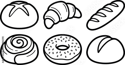 Line art flat design bakery icon set six pastries close up top view croissant donut baguette cinnamon roll round loaf bun