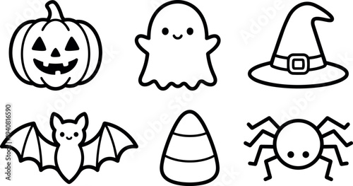 Minimalist line art halloween icon set with smiling ghost jack lantern witch hat bat candy corn spider in simple layout