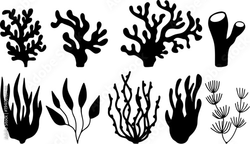 Collection of various black silhouette illustrations representing different types of stylized underwater sea plants and coral shapes isolated on white background.