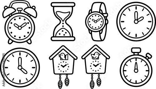 Line art clock icon set showing alarm clock, hourglass, wristwatch, wall clocks, cuckoo clocks and stopwatch in simple outline style