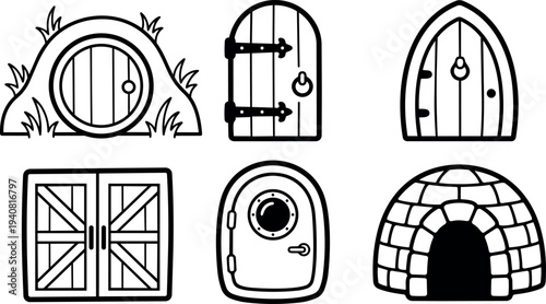Line art vector icon set of six rustic and fantasy doors including hobbit round door barn double door porthole igloo