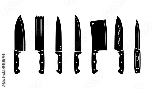 Black kitchen knife silhouettes collection chef cleaver and slicing knife