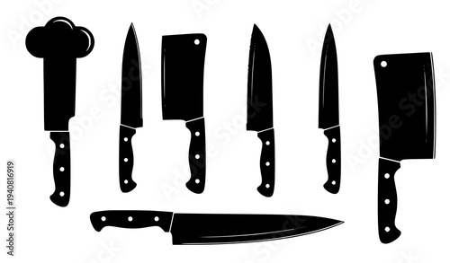 Professional cooking knife silhouettes set chef butcher and bread knives