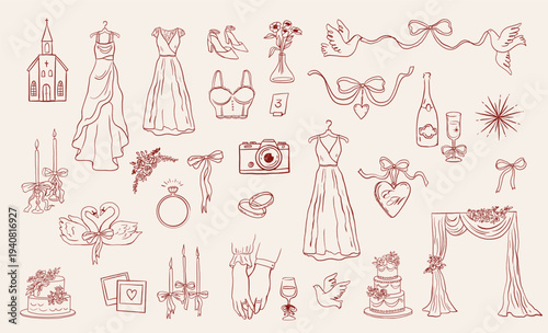 Wedding hand drawn whimsical drawings and elements. Mediterranean, Italy and France inspired illustrations. Elegant romantic design