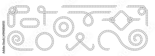 Rope wavy border with circle frame and brush knot shape. String cowboy pattern with vector boarder western and cord knit. Curve braid rope with nautical outline shape