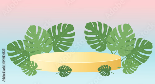 Summer podium with tropical monstera leaves and soft gradient background