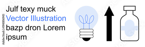 Creativity, innovation, pharmaceutical development, growth, idea generation, and healthcare solutions. A lightbulb, upward arrow, and medicine bottle innovation and growth in medical development