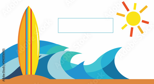 summer banner with surfboard, waves, and sun on a white background