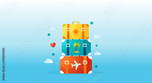 Stack of colorful travel suitcases with vacation icons on a bright blue background