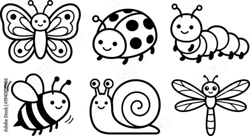 Whimsical kids doodle set of six smiling insect icons butterfly ladybug caterpillar bee snail dragonfly black outline vector friendly minimal