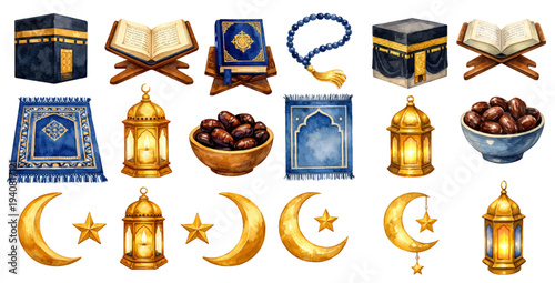A charming watercolor collection of Islamic religious symbols with Kaaba, Quran, prayer mats, lanterns, crescent moons, stars, and dates for Ramadan illustrations and spiritual design.