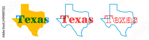 Texas state map silhouette with the state name in retro typography above. Vintage design with overprint colors and bold shapes, perfect for posters, apparel, travel graphics, and Americana designs.