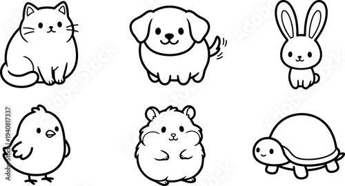 Line art kawaii animal icon set six cute pet characters cat dog rabbit chick hamster turtle arranged in grid minimal
