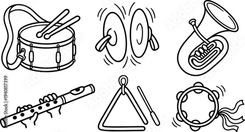 Line art vector set showing snare drum cymbals tuba flute triangle and tambourine in black line style isolated icons
