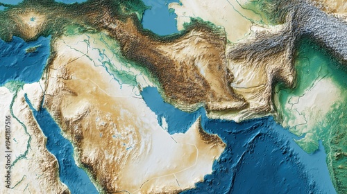 Satellite View of Middle East With Political Color Overlays Showing Landforms and Bodies of Water in the Region