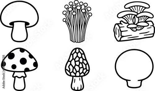 Line art mushroom icon set showing six distinct fungi in simple black outline flat vector grid, varied caps and stems
