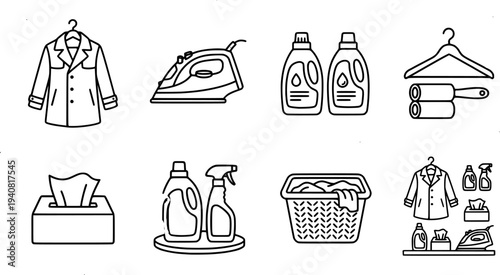 Minimalist line art overhead set of household cleaning icons detergent bottles iron hanger lint roller tissue box spray dispenser vector