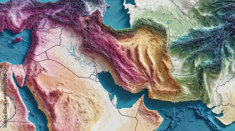 Fototapeta premium Satellite View of Middle East Region Showing Political Color Overlays Across Land and Water Areas in Detailed Representation