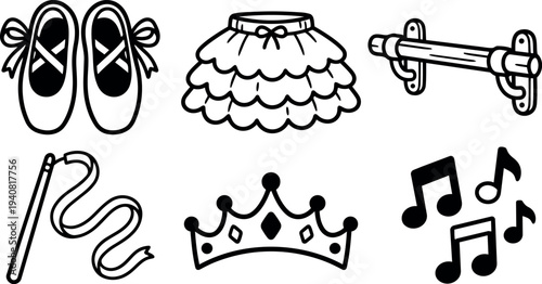 Line art ballet icon set featuring pointe shoes layered tutu barre ribbon wand crown and music notes flat vector minimal