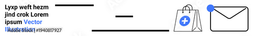 Online shopping, healthcare, communication, merchandise, eCommerce platforms, mail services. Shopping bag a medical symbol and an envelope with a notification. Healthcare and online shopping