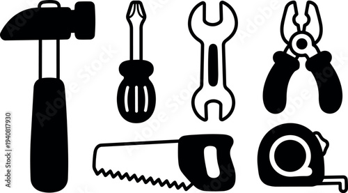 Flat design silhouette toolkit close up set of hammer screwdriver wrench pliers saw and tape measure on white background minimal icon