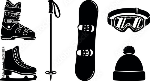 Flat silhouette set of winter sports equipment including snowboard ski boot ice skate pole goggles and pompom beanie on white