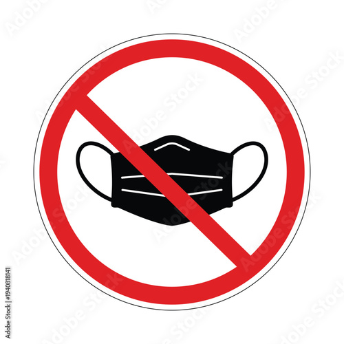 No mask sign, mask prohibited symbol, red circle prohibit face mask icon, crossed mask ban sign, no protective mask warning label, restriction and safety policy symbol, flat vector isolated illustrati