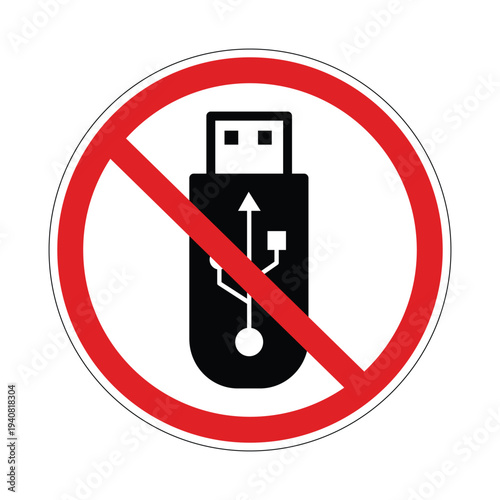 No USB sign, USB device prohibited symbol, red circle prohibit USB flash drive icon, crossed USB stick ban sign, external storage restriction warning label, security policy symbol, flat vector isolate