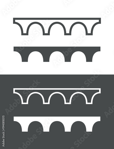 A stone bridge and aqueduct icon. A pictogram used to mark an area on a map. A road or transport attribute. A historic or ancient bridge.