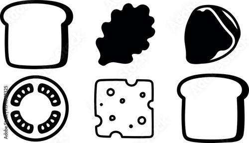 Line art flat design sandwich ingredients set showing two bread slices, lettuce leaf, tomato slice, swiss cheese, avocado half, isolated