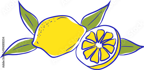 Lemon With Leaves Hand Drawn