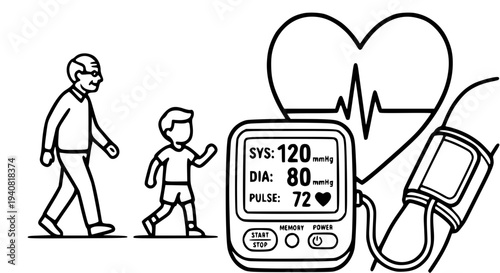 Digital Blood Pressure Monitor with Senior Man and Child Walking, Hypertension Prevention and Healthy Lifestyle for Elderly Concept, Cardiology Line Art Illustration