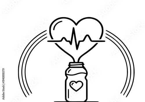 Medicine Bottle for Heart Health Icon, Cardiovascular Supplement and Vitamin Concept, Pharmaceutical Drug for Heartbeat Regulation Line Art Illustration