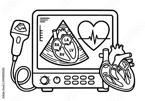 Echocardiogram Machine Icon for Heart Ultrasound Diagnosis, Cardiology Diagnostic Equipment with Cardiac Chambers Display, Medical Imaging Line Art Illustration
