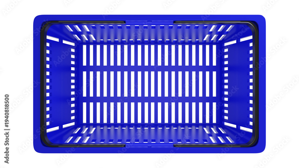 Obraz premium Plastic shopping basket, blue empty store basket, supermarket shopping cart, top view, 3D rendering, isolated on white background, retail, grocery, consumer shopping, market container, minimal design.