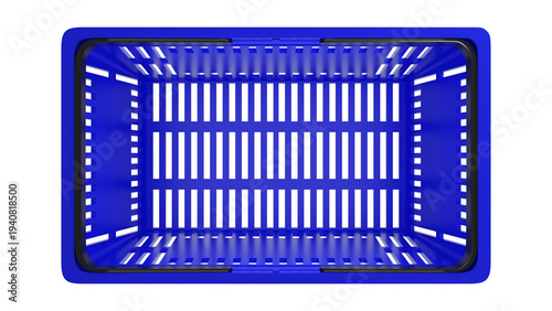 Plastic shopping basket, blue empty store basket, supermarket shopping cart, top view, 3D rendering, isolated on white background, retail, grocery, consumer shopping, market container, minimal design.