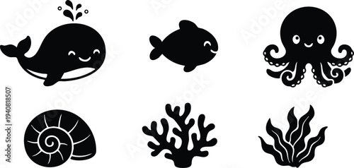 Cute smiling whale spouting water with happy fish and playful octopus along with shell coral and seaweed ocean creatures silhouette icons collection