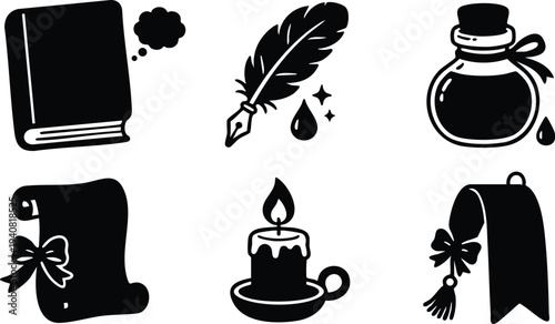 Flat design black silhouette icons of writing book with thought bubble feather pen with ink bottle scroll tied with ribbon burning candle in holder bookmark with tassel and ribbon