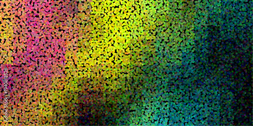 Colorful abstract stippled background with a vibrant gradient of pink yellow green and blue dots on a black base creating a psychedelic effect