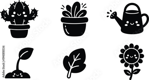 Cute black silhouette vector art of happy cactus in pot succulent plant watering can young sprout leaf and smiling sunflower icon set in playful style