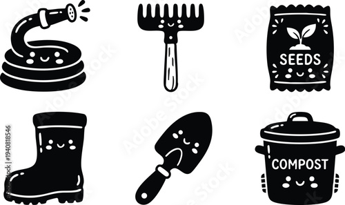 Cute black and white vector art set of cheerful gardening tools including hose with water spray rake with wooden handle seed bag compost bucket and rubber boot smiling faces