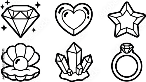 Flat design outline jewelry icons set close up grid of diamond heart star pearl crystal ring black line art minimalist vector