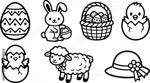 Line art easter icon set flat vector composition showing bunny holding basket decorated eggs chicks lamb and sun hat simple outline