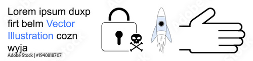 Cybersecurity, online protection, technology concepts, data safety, space exploration theme, personal identity. Lock and skull, rocket hand icon. Cybersecurity and online protection concept