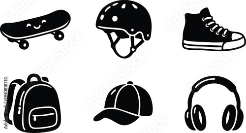 Simple black vector icons set of smiling skateboard helmet high top sneaker backpack baseball cap and headphones in flat design style isolated on white background