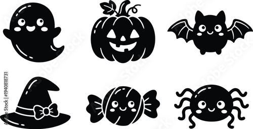 Cute halloween icons vector set with smiling ghost pumpkin bat witch hat candy spider in flat design style isolated on white background for festive decoration and seasonal celebration