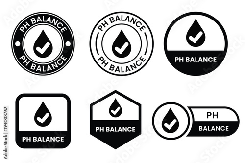 Collection of Blue PH Balance Vector Badges with Water Drop and Checkmark Symbol