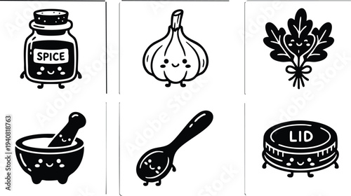 Cute smiling spice jar garlic mortar and pestle spoon leafy herb bunch and lid cartoon style black and white vector art set with happy faces and simple outlines