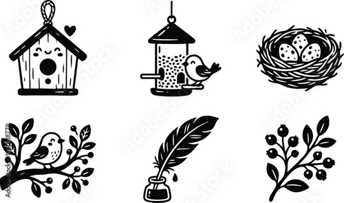 Black and white vector illustrations of birdhouse with heart smiling bird feeder with bird nest with eggs bird on branch quill pen with ink and berry branch simple nature decorative design elements